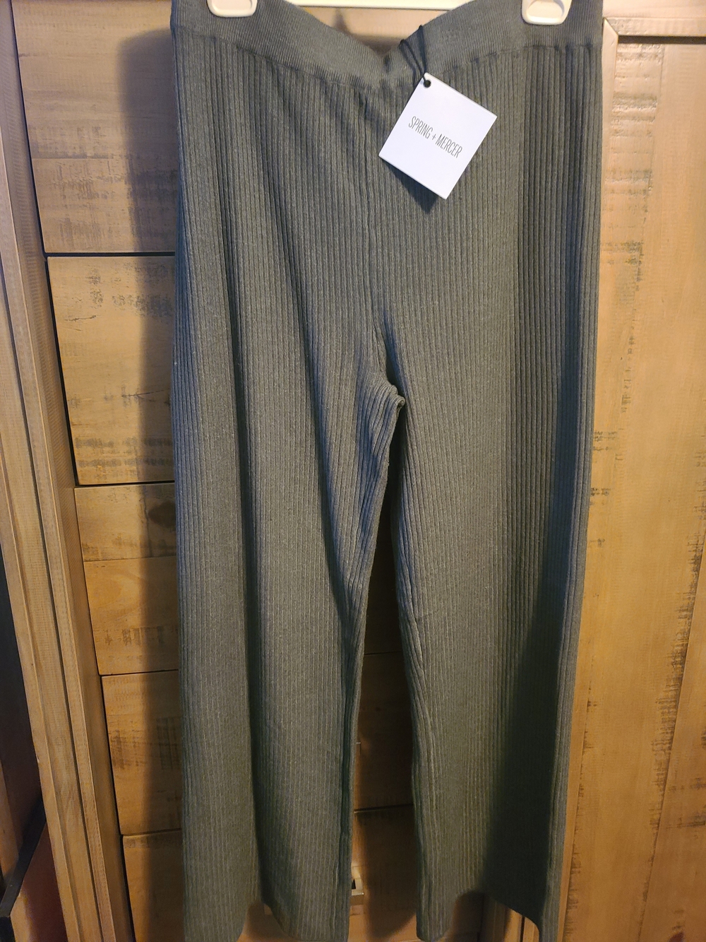 Olive Ribbed Wide-Leg Knit Pants